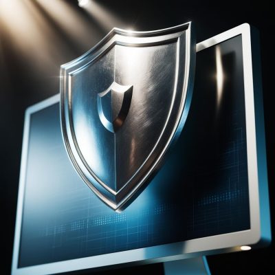 a shield on a server computer screen giving a sense of security, cybersecurity